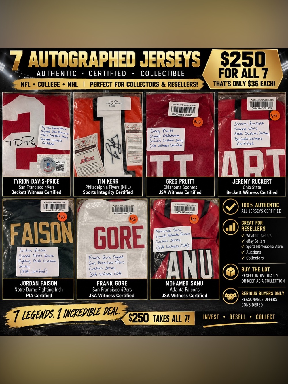 7 Authentic Certified Autographed Jerseys - selling all seven for $250